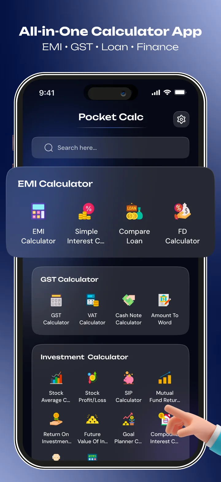 PocketCalc app home screen with EMI, GST, Loan and Finance calculators