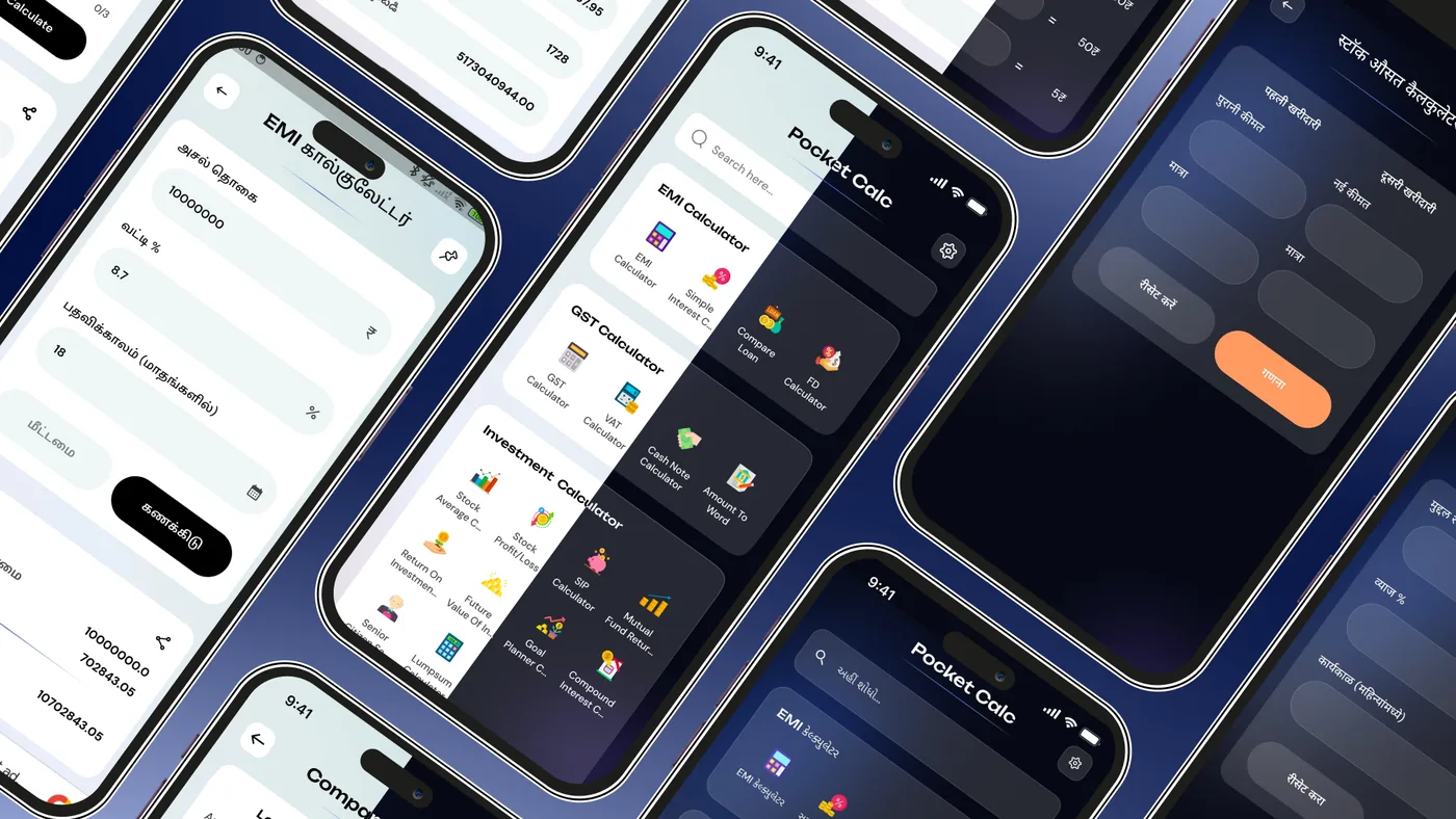 PocketCalc shown in English, Hindi, Gujarati, Marathi, Tamil, Telugu, Malayalam, Punjabi, Bengali and Kannada